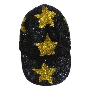 Retro 90s Beaded All Sequin Embellished Black Gold Star Cloth Hat By Magic Craft